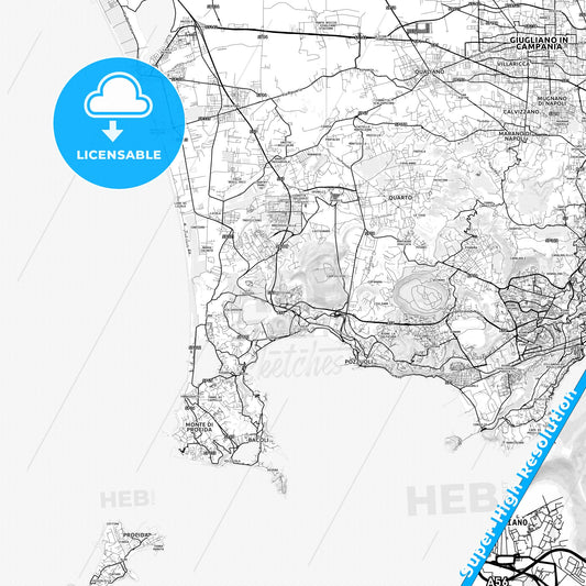 Pozzuoli, Italy light map with streetnames, citynames and districts