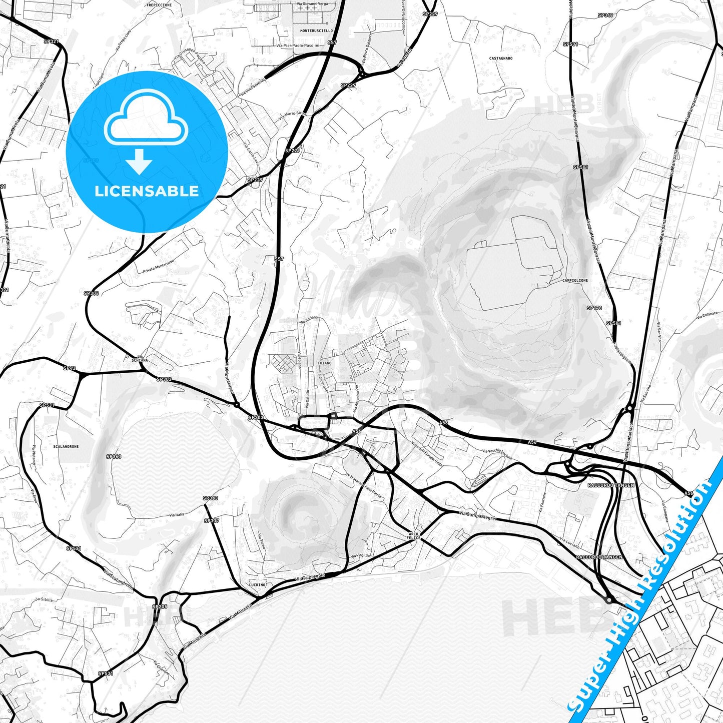 Pozzuoli, Italy Light Map with Street Names, City Names, and Districts