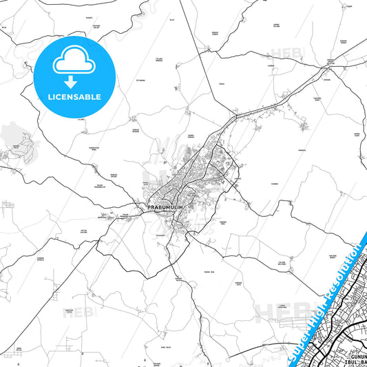Prabumulih, Indonesia light map with streetnames, citynames and districts