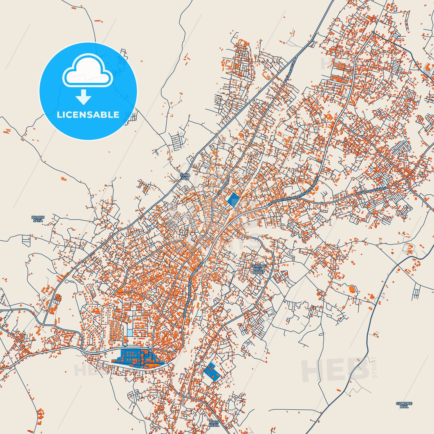 Colorful Prabumulih Street Map with Labels and Buildings