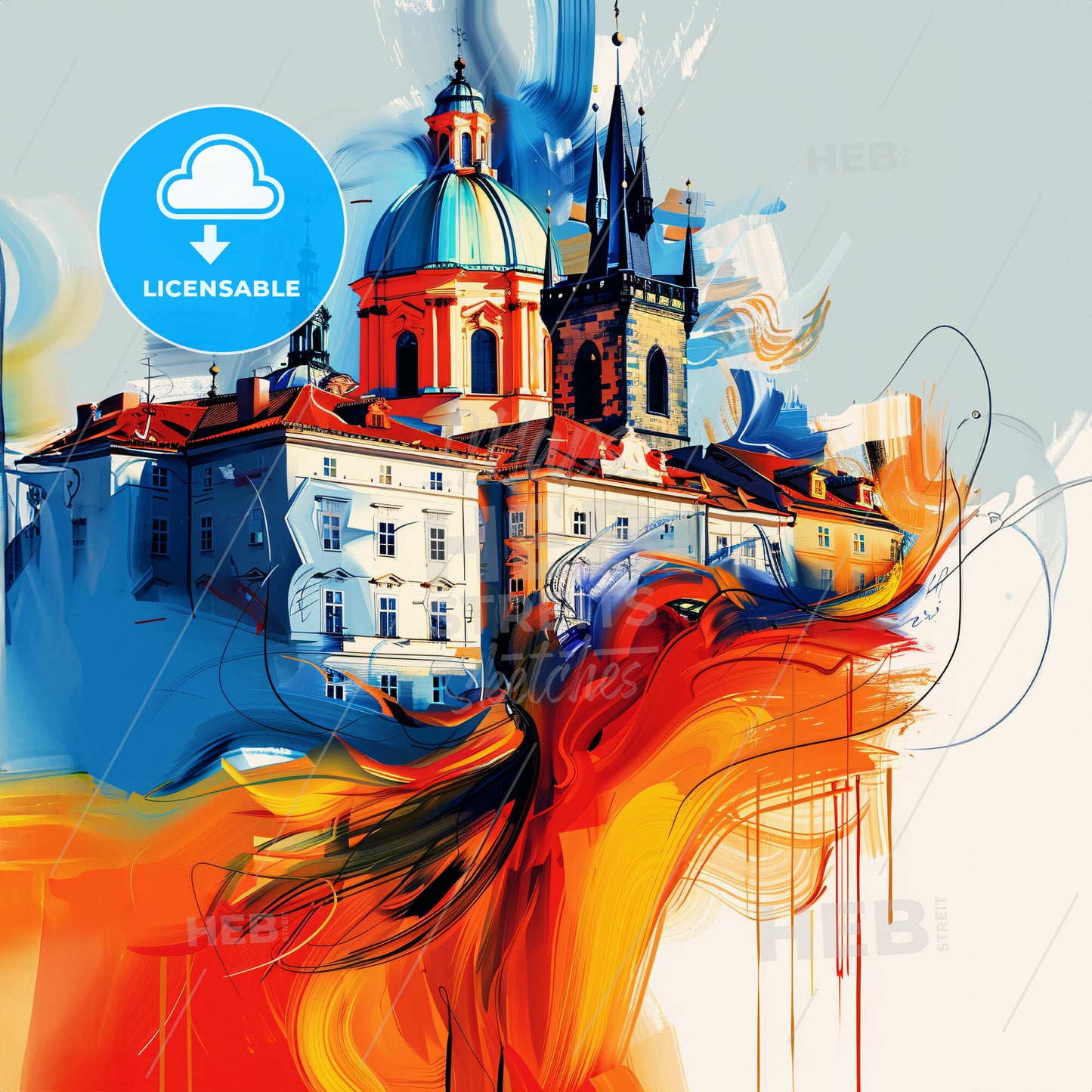 Vibrant Praha, Czechia - A Painting Of A Building With A Dome And A Blue Roof