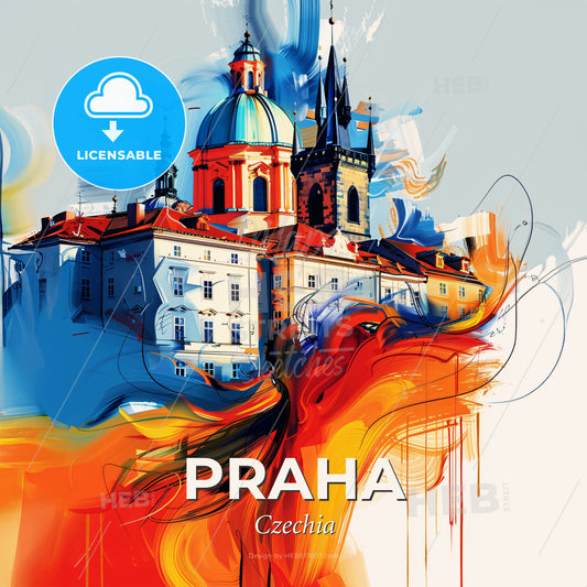 Vibrant Praha, Czechia - A Painting Of A Building With A Dome And A Blue Roof - Square format print template