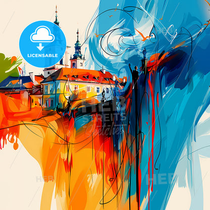 Vibrant Praha, Czechia - A Painting Of A Building With A Tower
