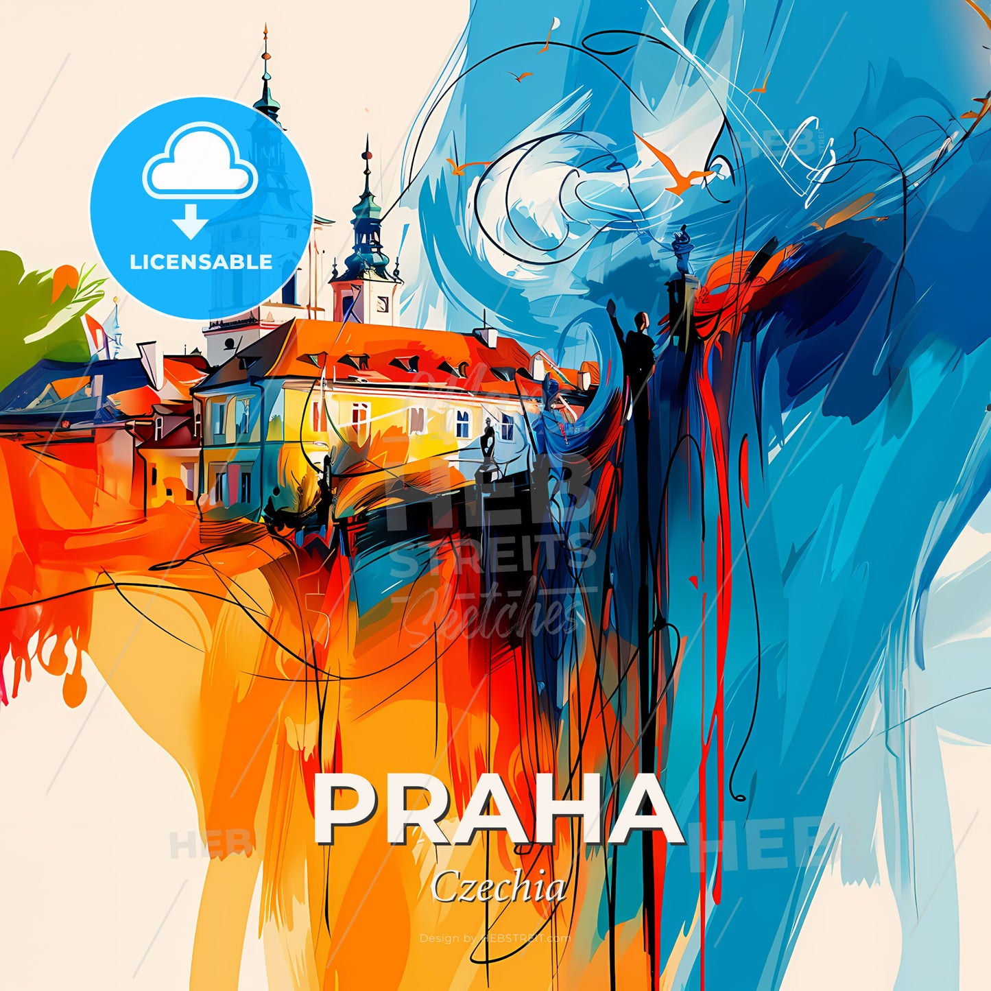 Vibrant Praha, Czechia - A Painting Of A Building With A Tower - Square format print template