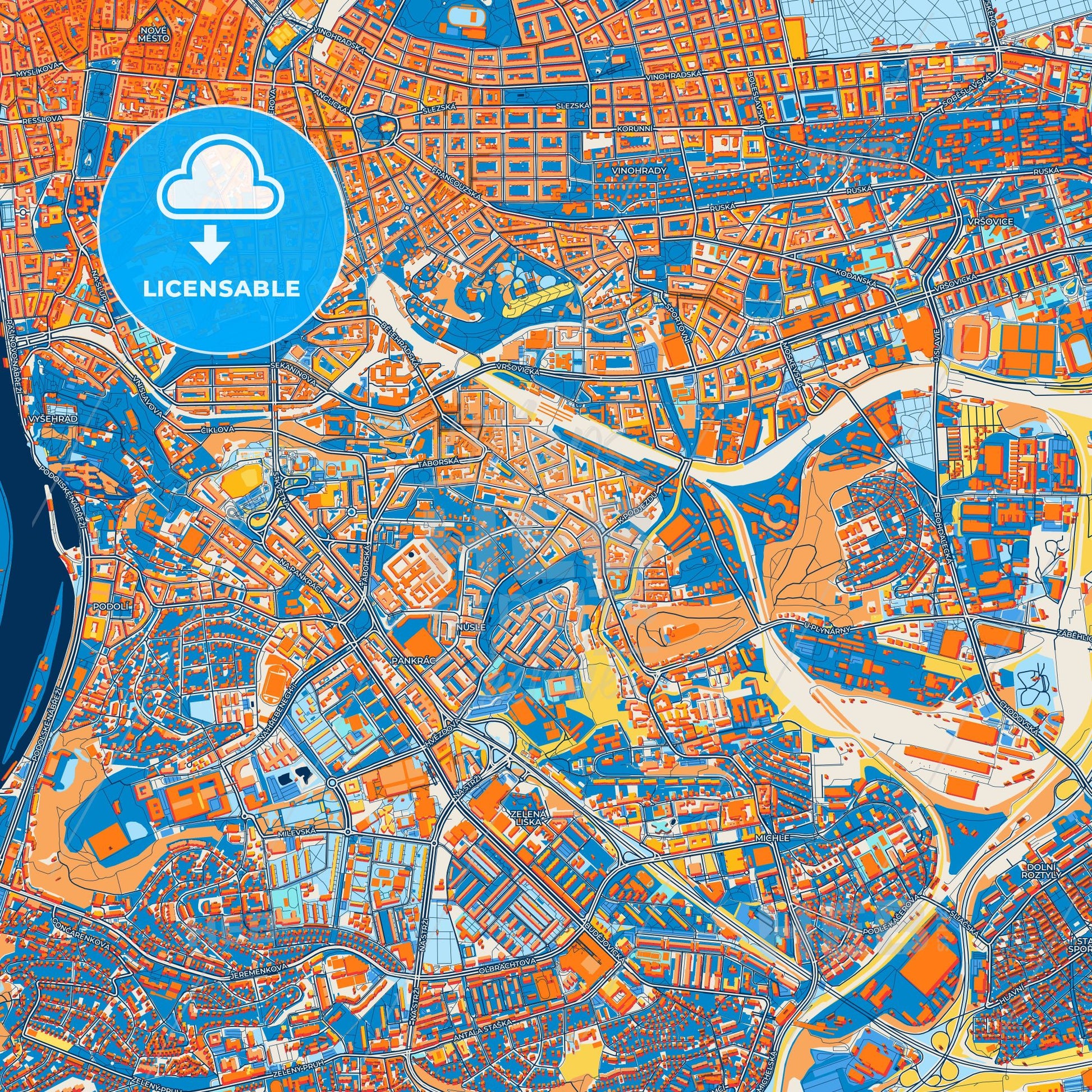 Colorful Prague Street Map with Labels and Buildings