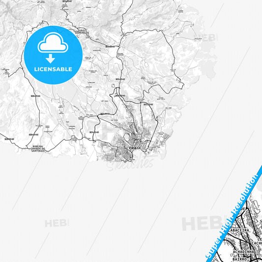 Praia, Cape Verde light map with streetnames, citynames and districts