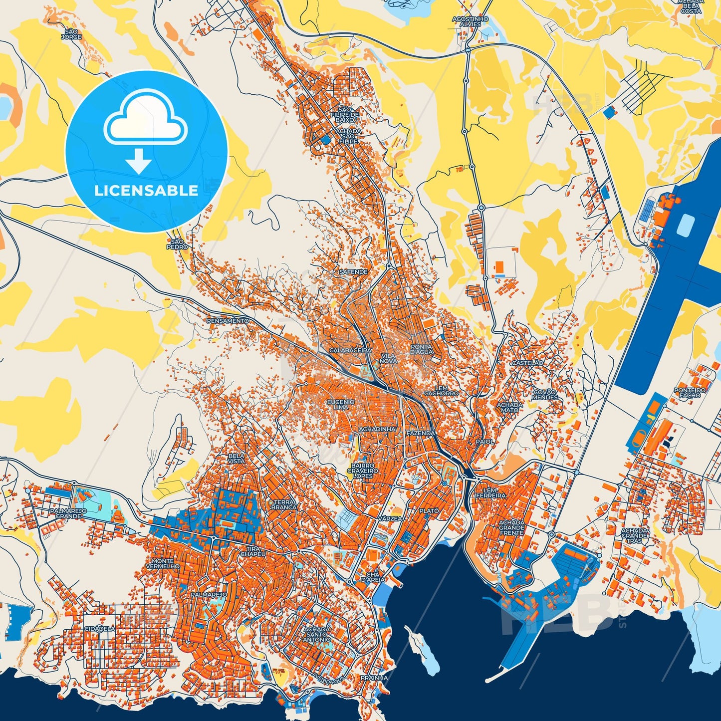 Colorful Praia Street Map with Labels and Buildings