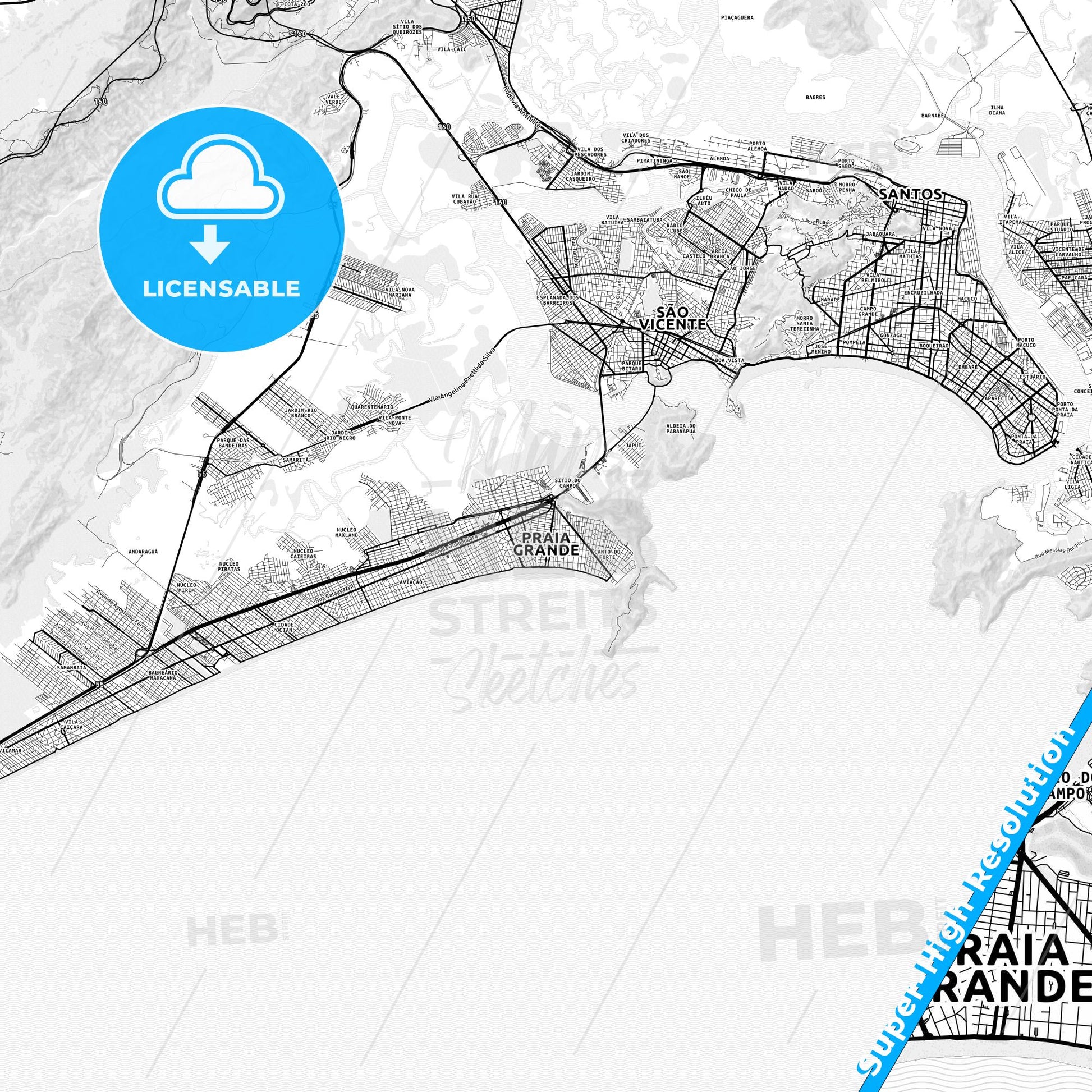Praia Grande, Brazil light map with streetnames, citynames and districts