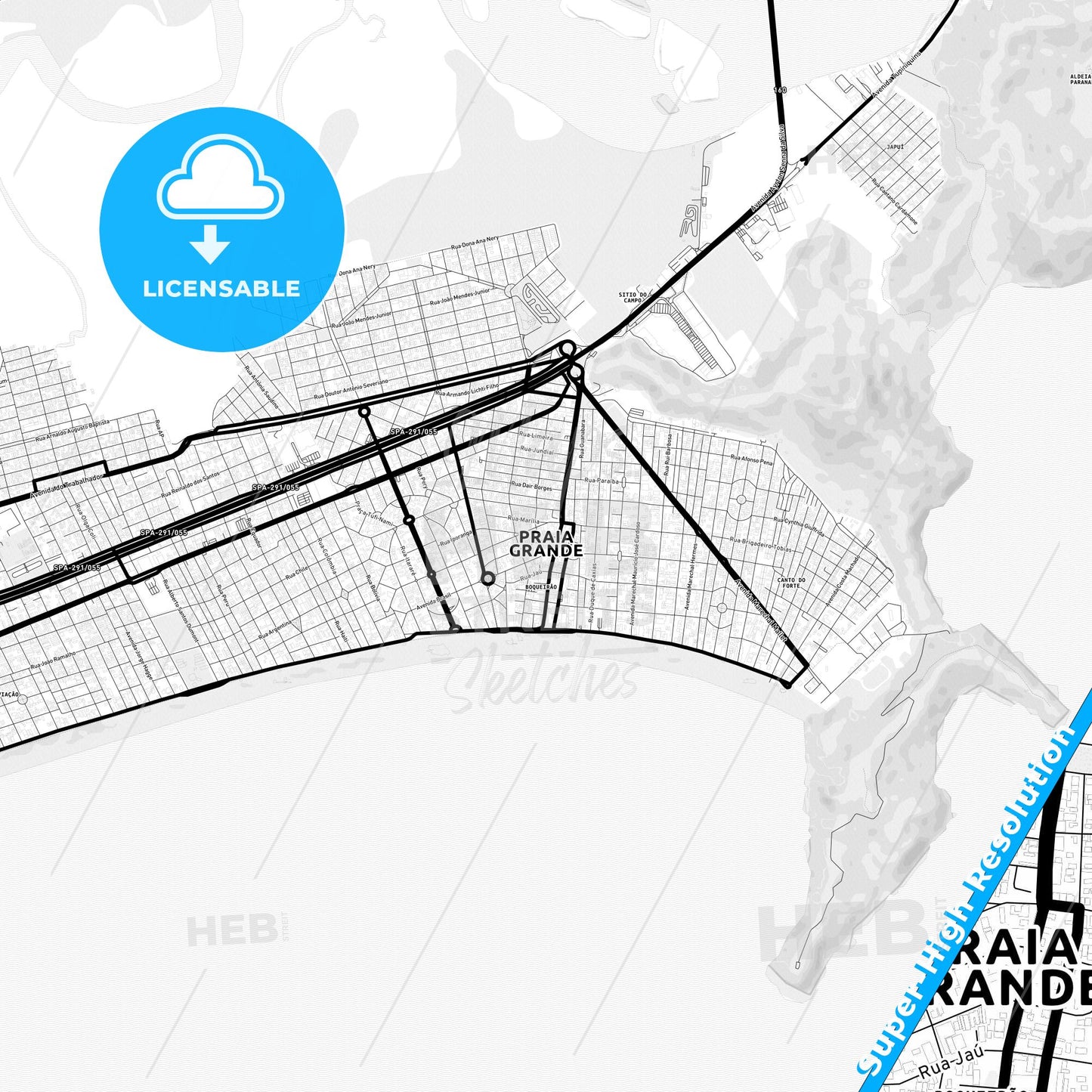 Praia Grande, Brazil Light Map with Street Names, City Names, and Districts