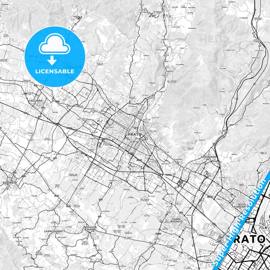 Prato, Italy light map with streetnames, citynames and districts