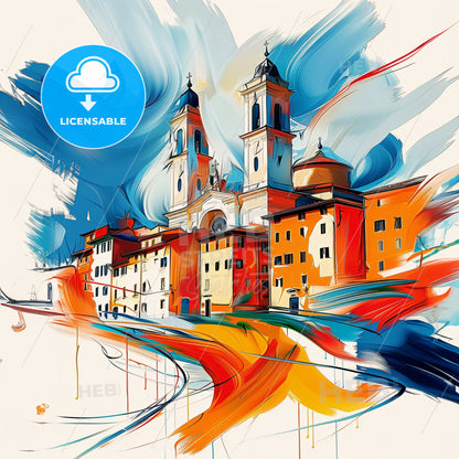 Vibrant Prato , Italy - A Painting Of A Building With Towers