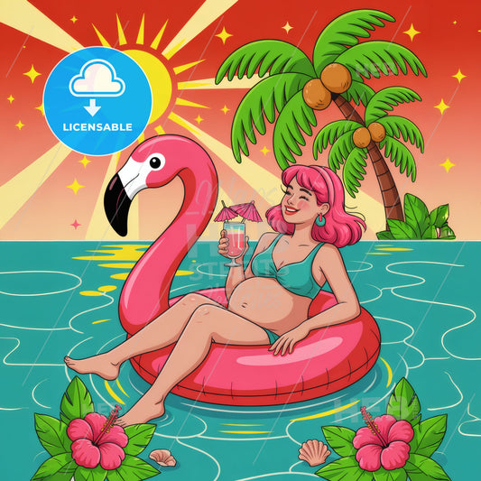 Pregnant Woman Relaxing on Flamingo Float with Tropical Drink Under the Sun