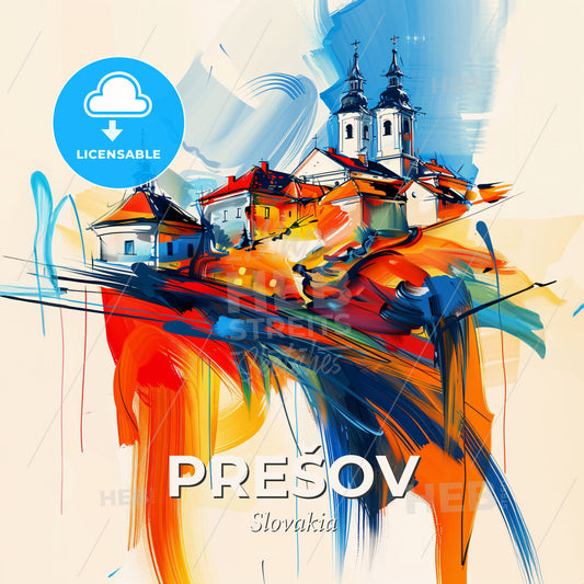 Vibrant Prešov, Slovakia - A Painting Of A Building On A Hill - Square format print template