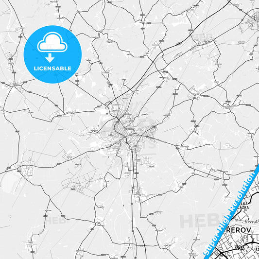 Přerov, Czechia light map with streetnames, citynames and districts