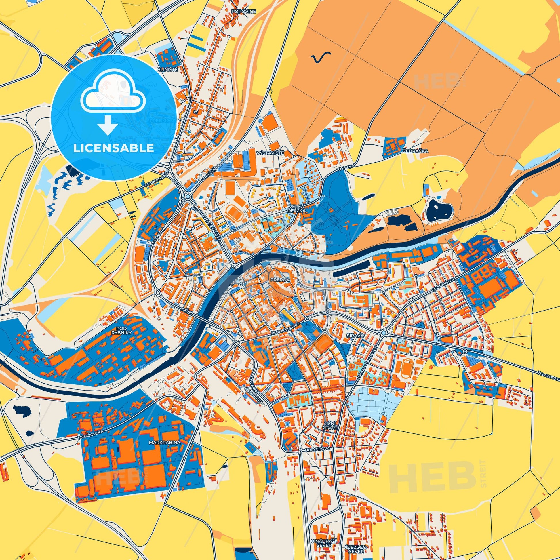 Colorful Přerov Street Map with Labels and Buildings