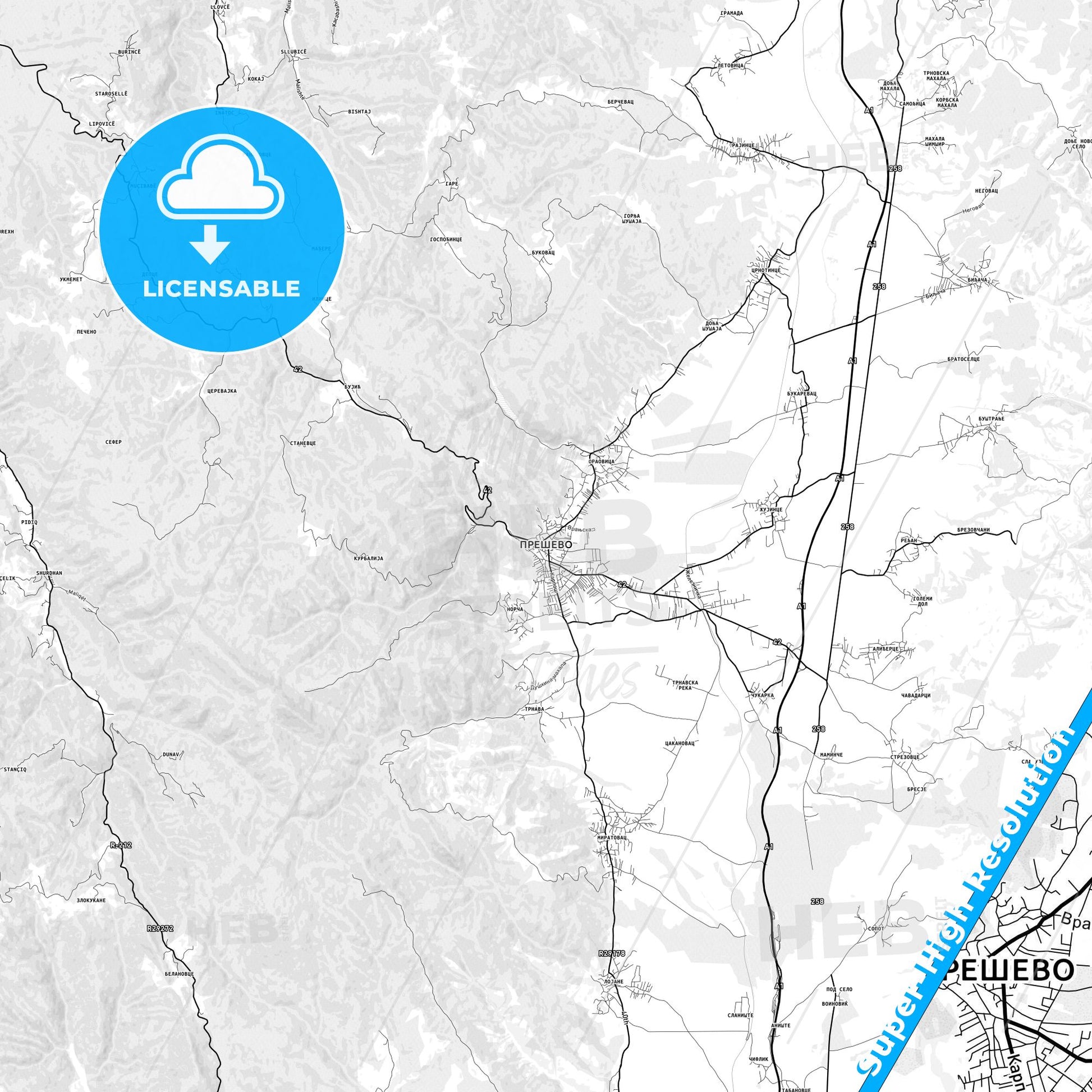 Preševo, Serbia light map with streetnames, citynames and districts