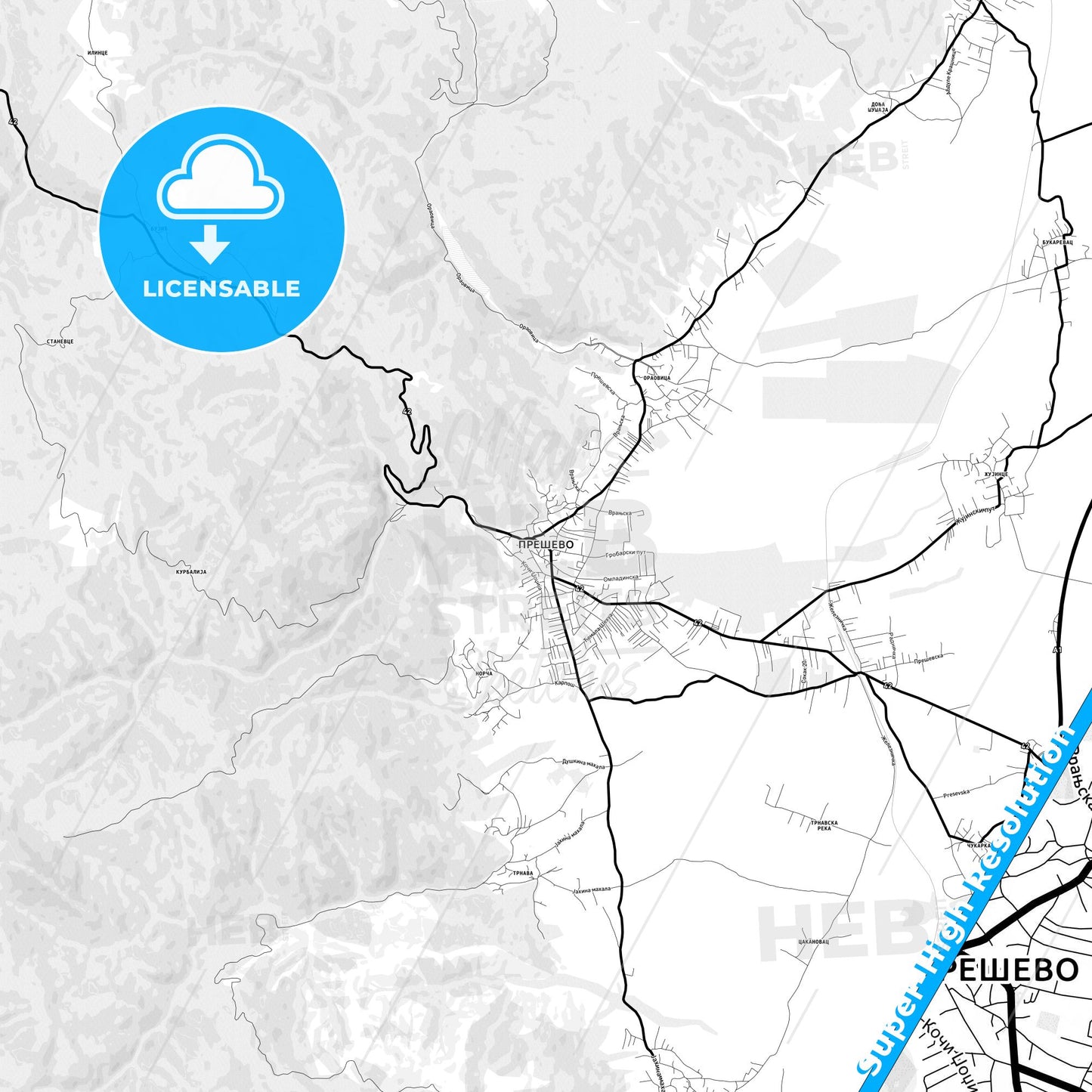Preševo, Serbia Light Map with Street Names, City Names, and Districts