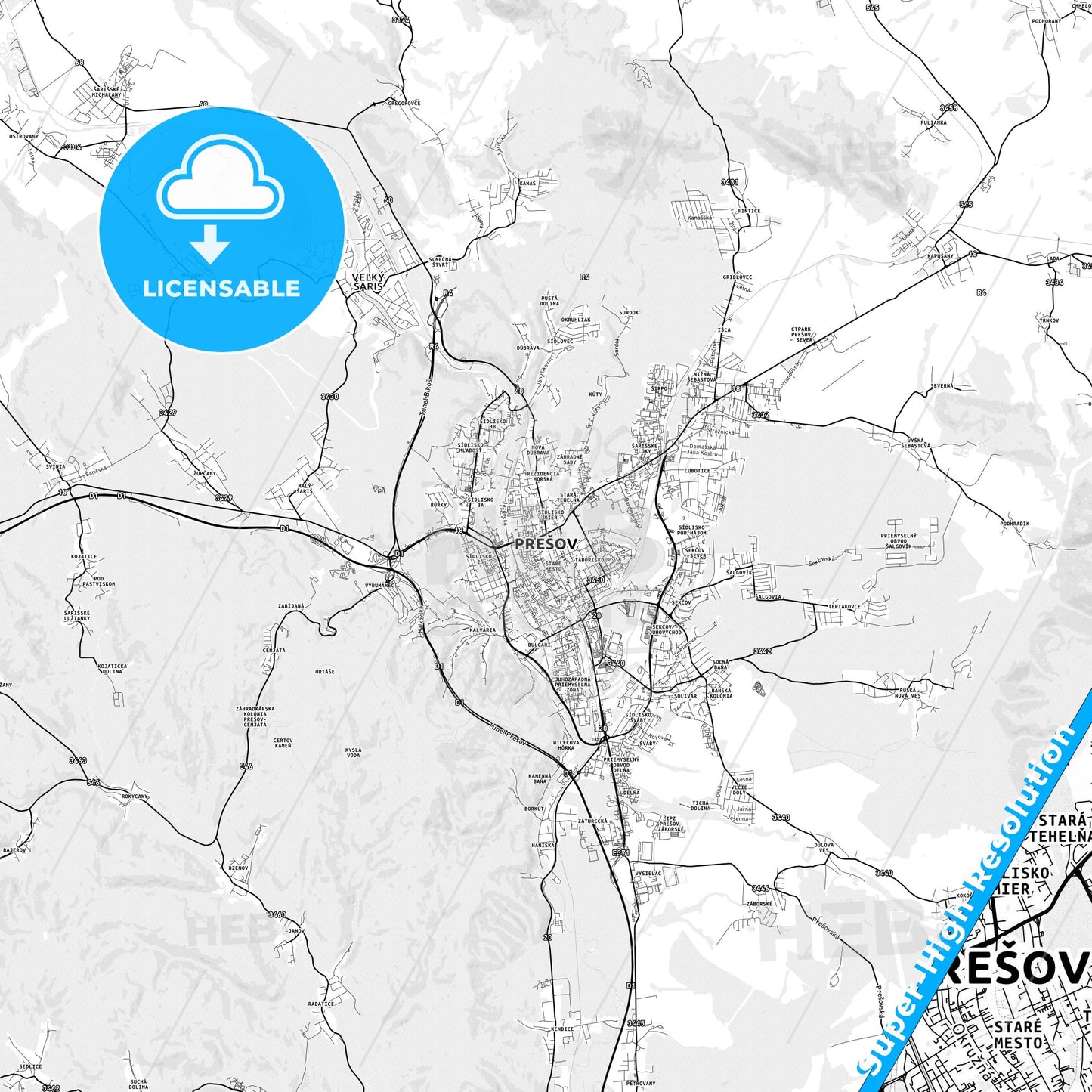 Prešov, Slovakia light map with streetnames, citynames and districts