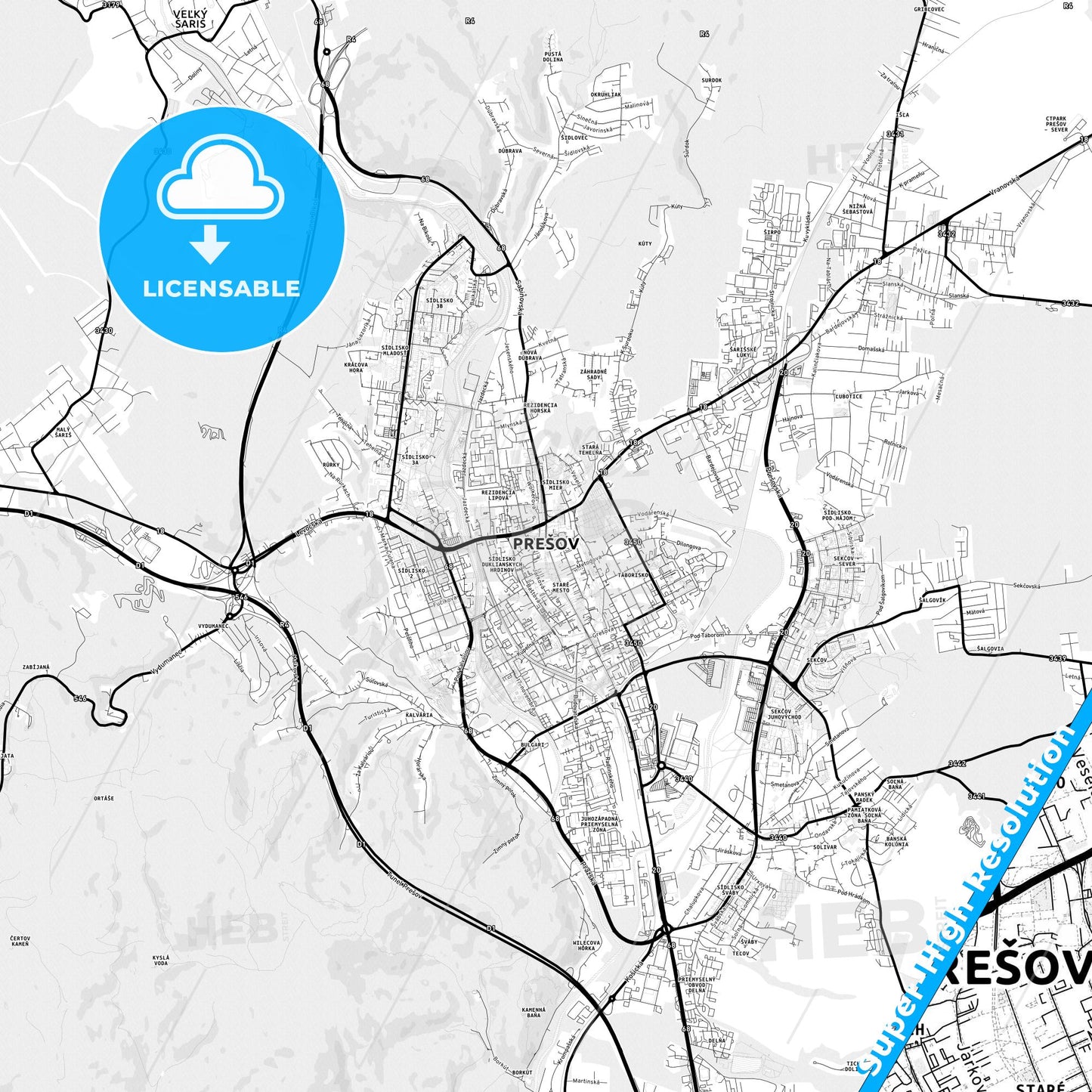 Prešov, Slovakia Light Map with Street Names, City Names, and Districts