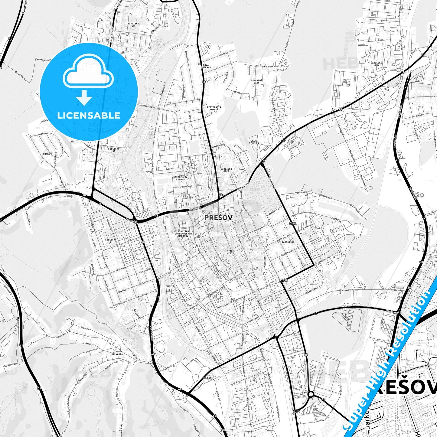 Prešov, Slovakia Light Map with Street Names, City Names, and Districts