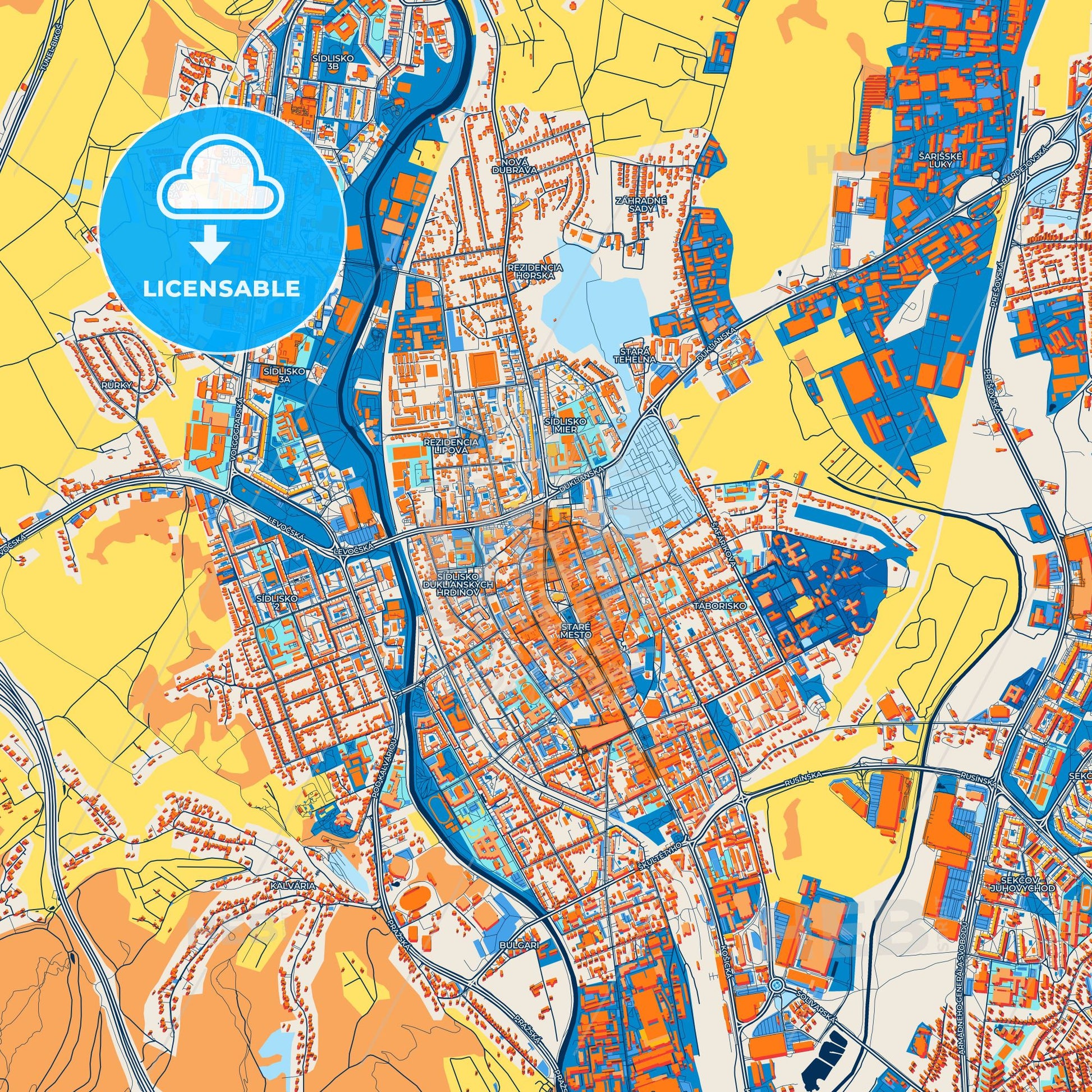 Colorful Prešov Street Map with Labels and Buildings