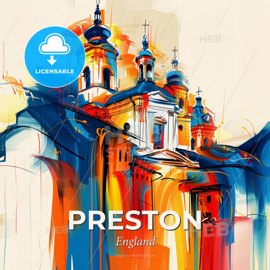 Vibrant Preston, England - A Painting Of A Building With A Colorful Background - Square format print template