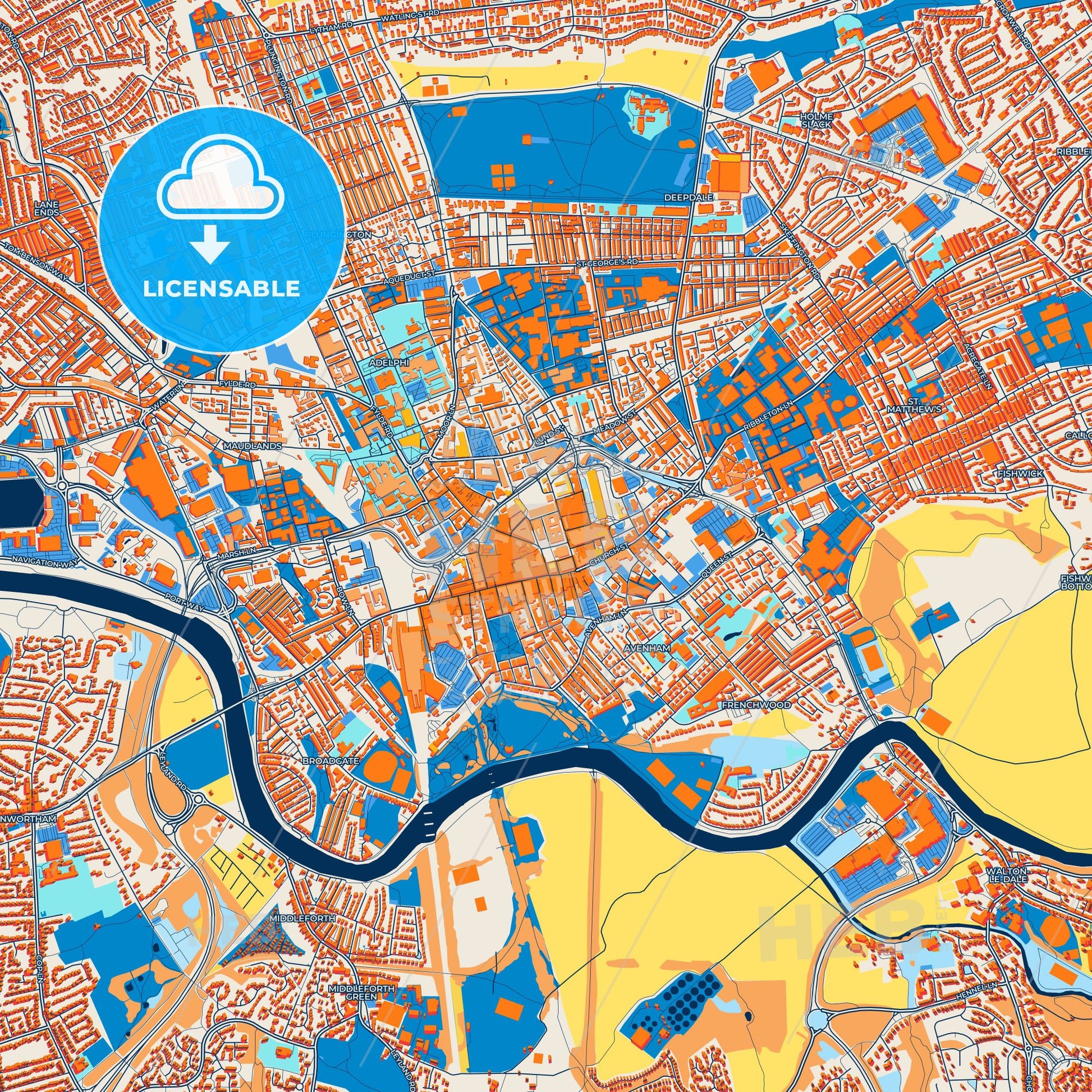 Colorful Preston Street Map with Labels and Buildings