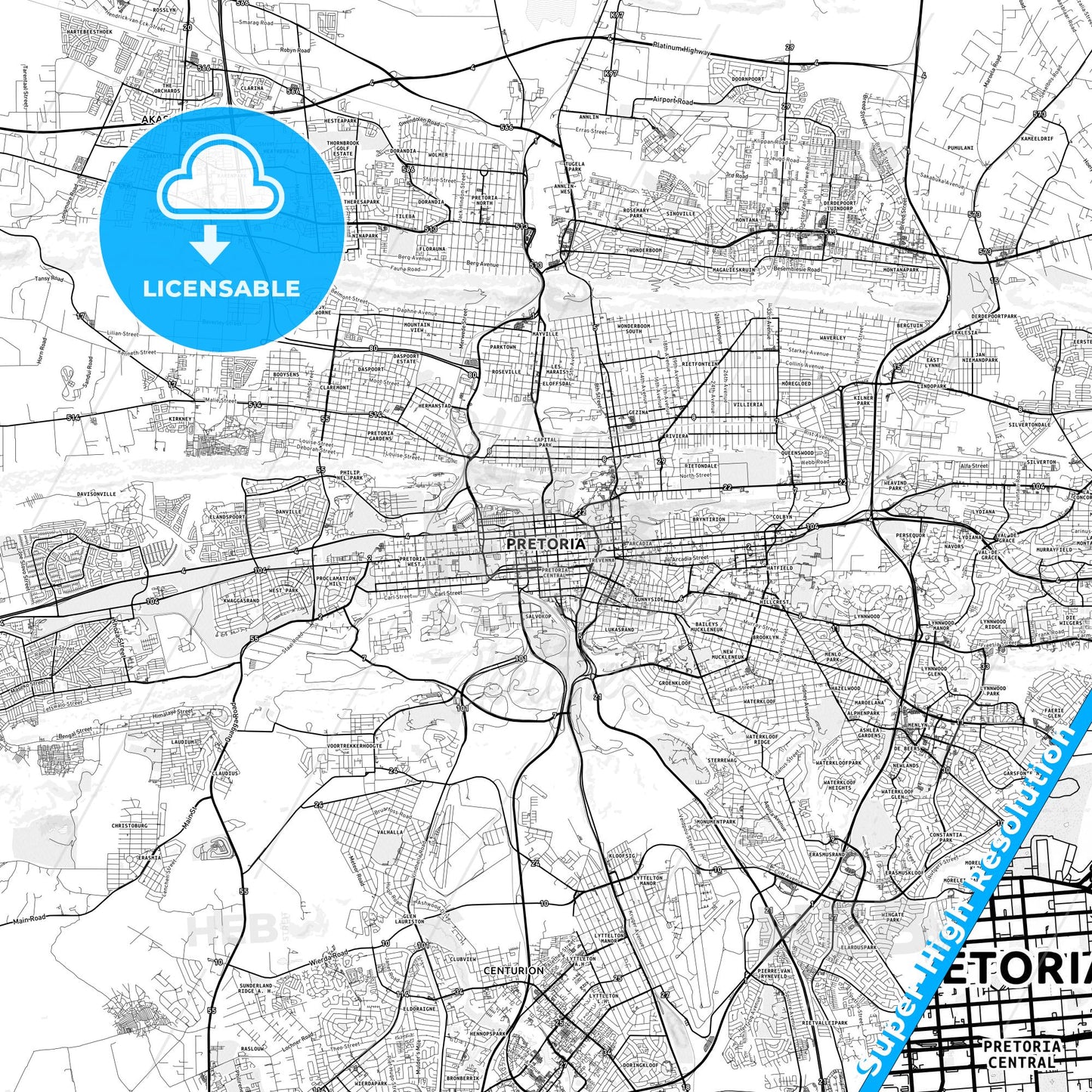Pretoria, South Africa light map with streetnames, citynames and districts