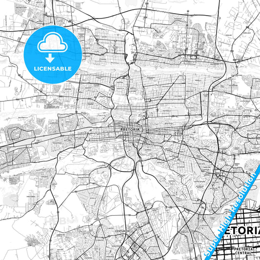Pretoria, South Africa light map with streetnames, citynames and districts