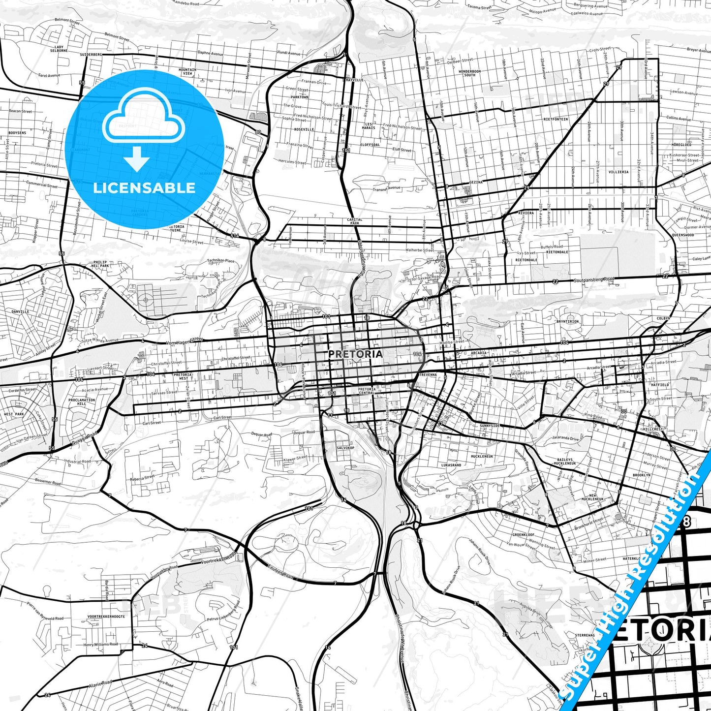 Pretoria, South Africa Light Map with Street Names, City Names, and Districts