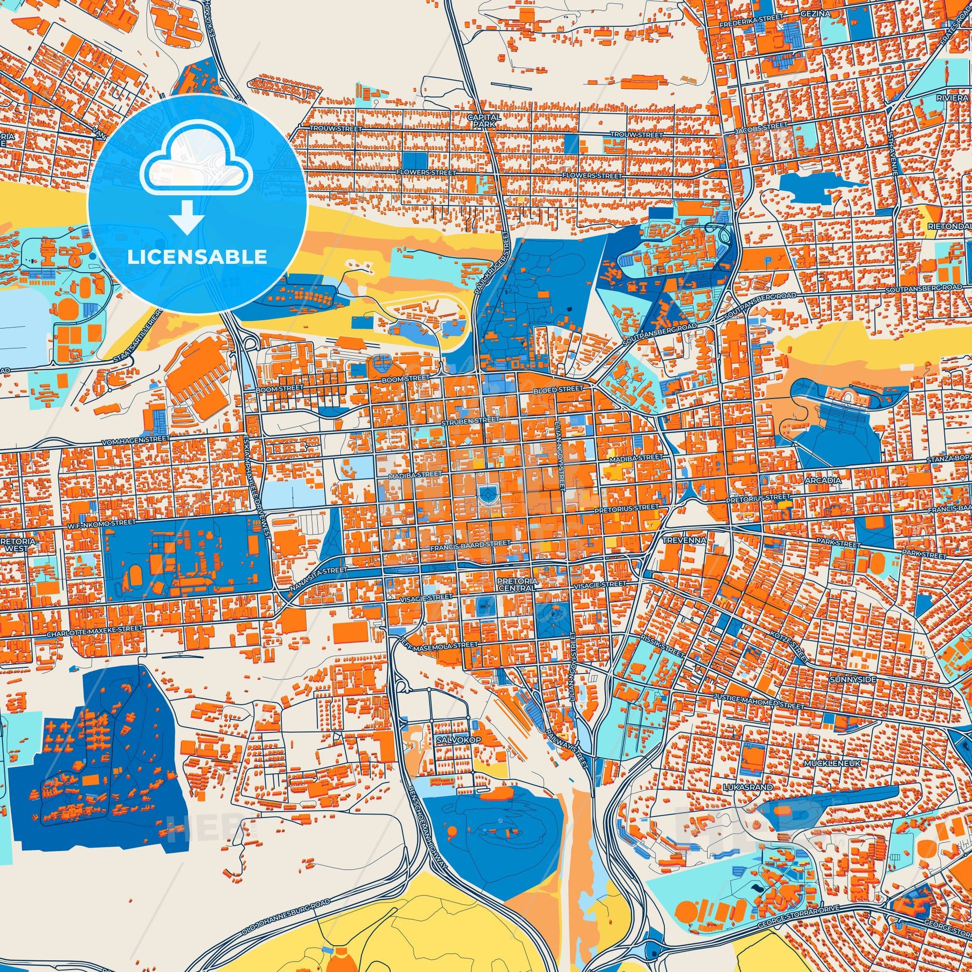 Colorful Pretoria Street Map with Labels and Buildings