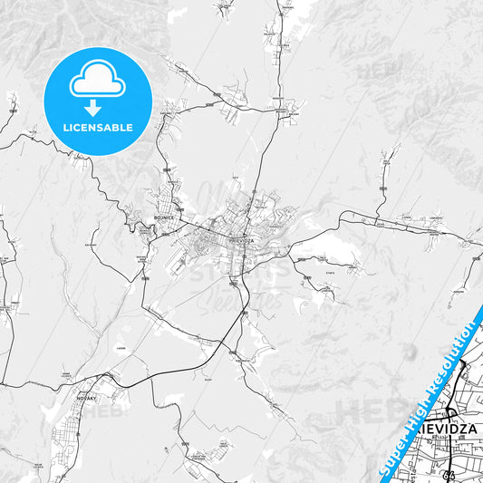 Prievidza, Slovakia light map with streetnames, citynames and districts