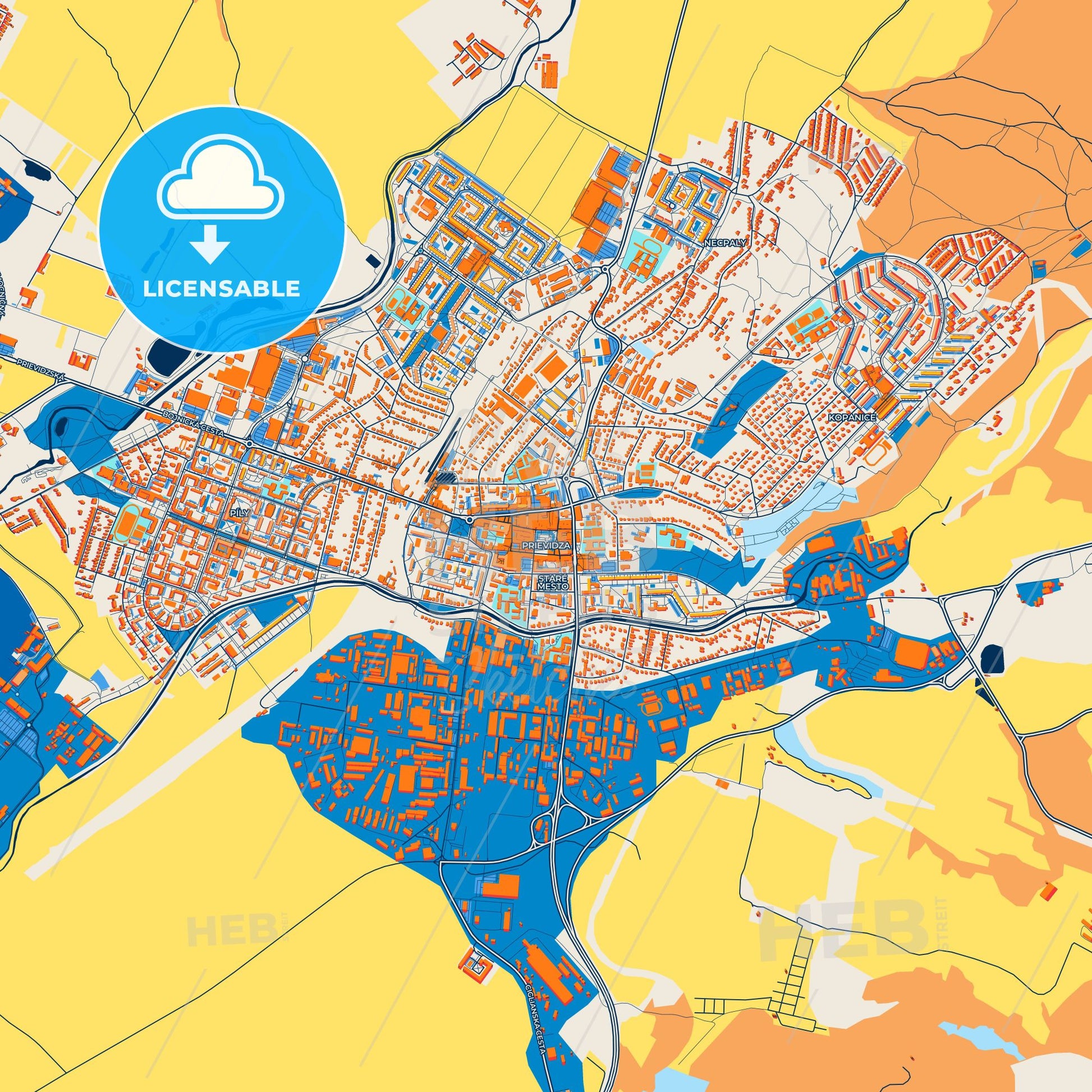 Colorful Prievidza Street Map with Labels and Buildings
