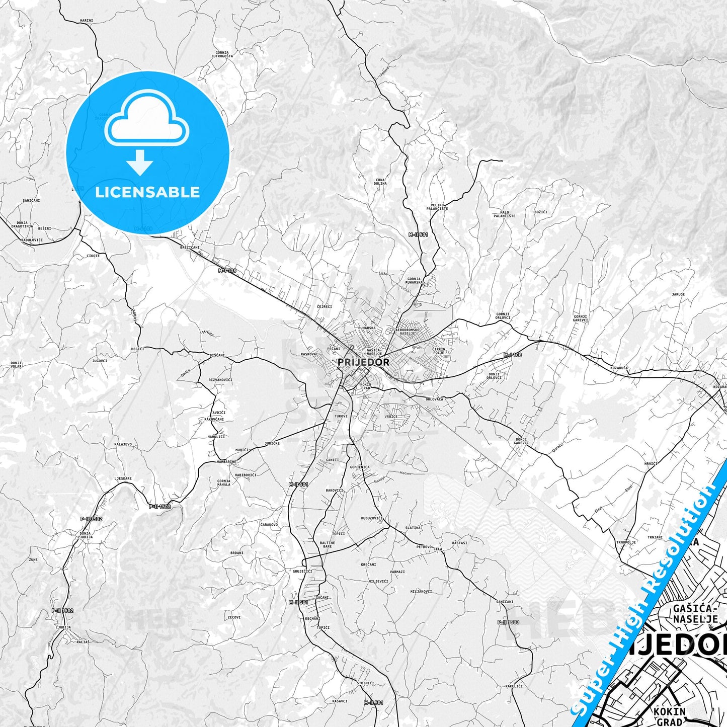 Prijedor, Bosnia and Herzegovina light map with streetnames, citynames and districts