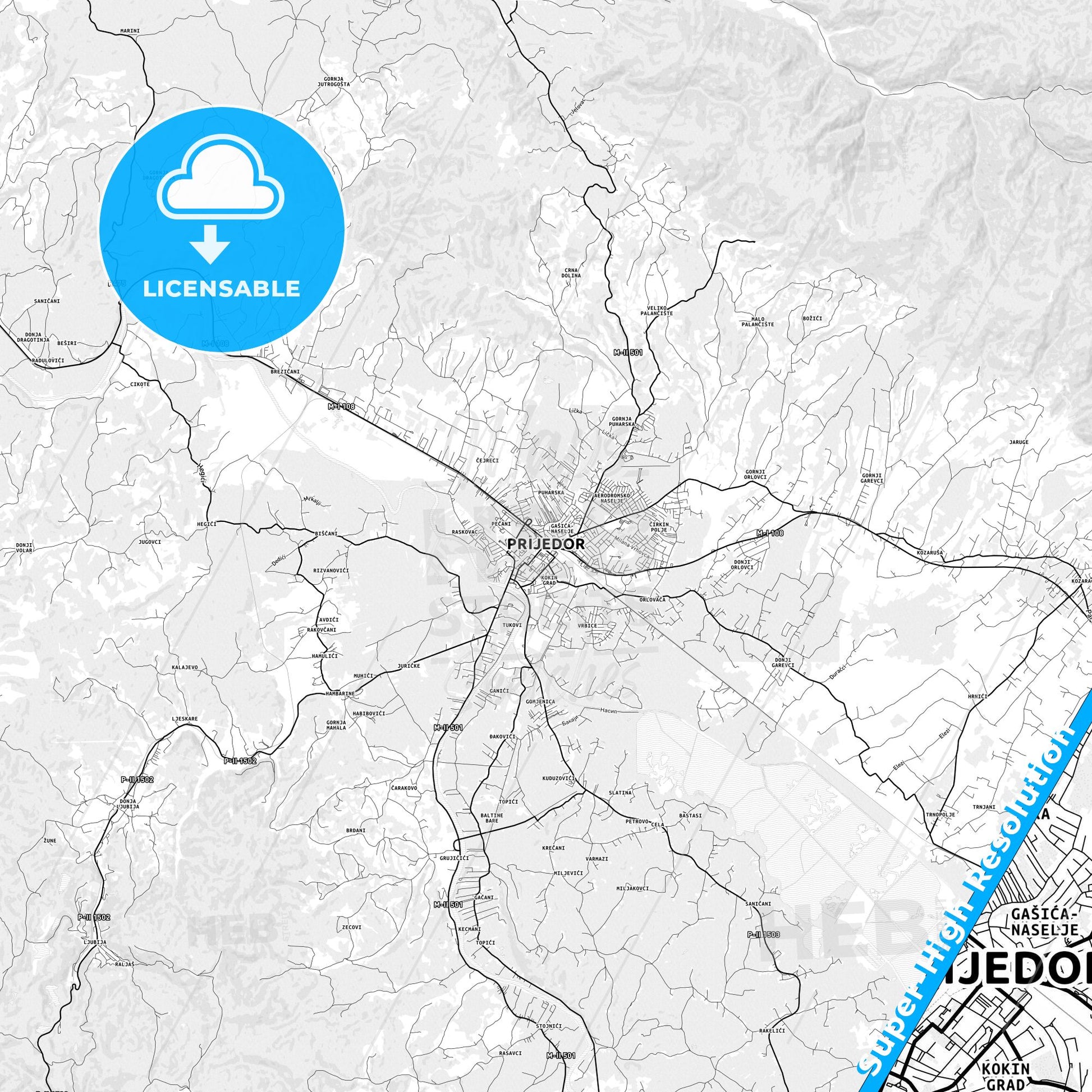 Prijedor, Bosnia and Herzegovina light map with streetnames, citynames and districts