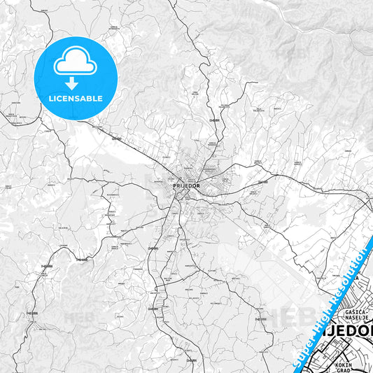Prijedor, Bosnia and Herzegovina light map with streetnames, citynames and districts