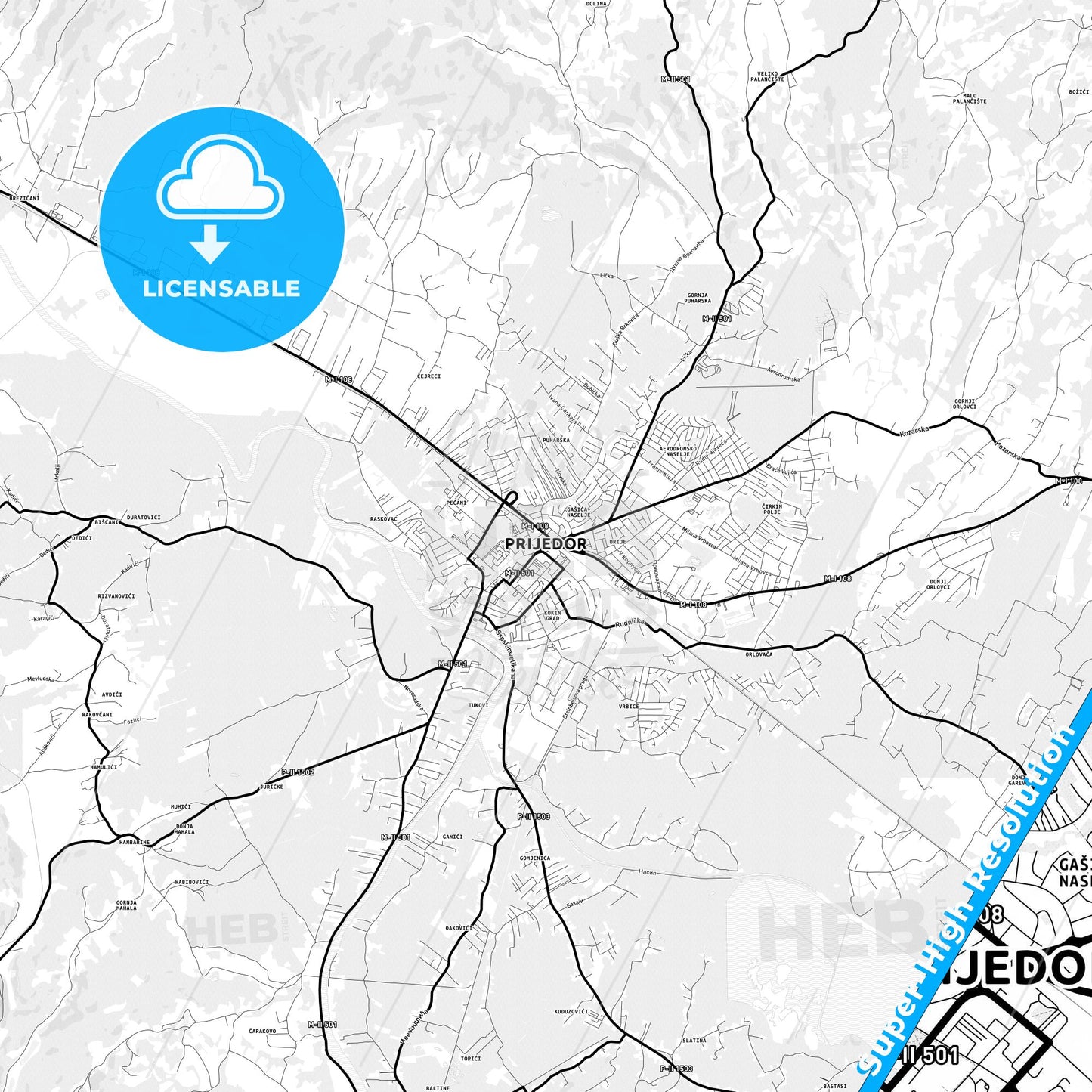Prijedor, Bosnia and Herzegovina Light Map with Street Names, City Names, and Districts