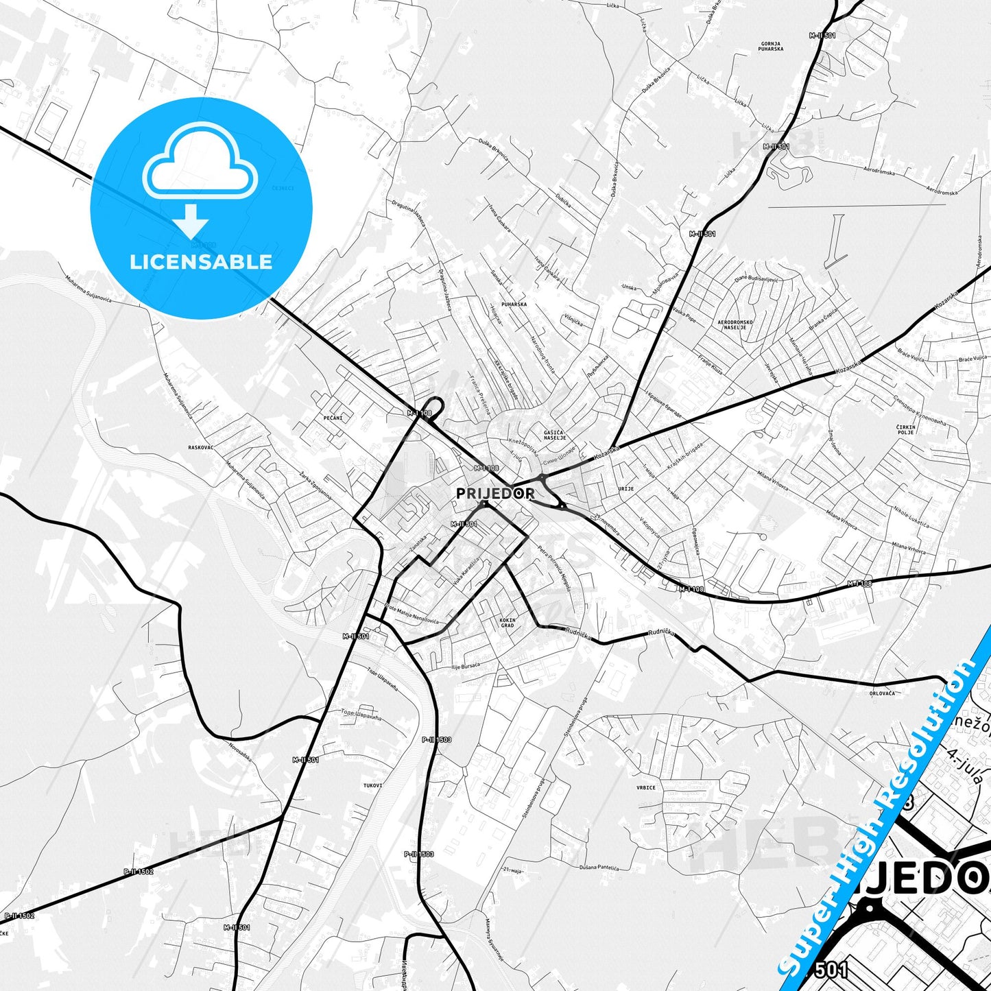 Prijedor, Bosnia and Herzegovina Light Map with Street Names, City Names, and Districts