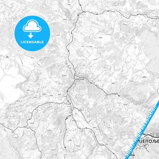 Prijepolje, Serbia light map with streetnames, citynames and districts