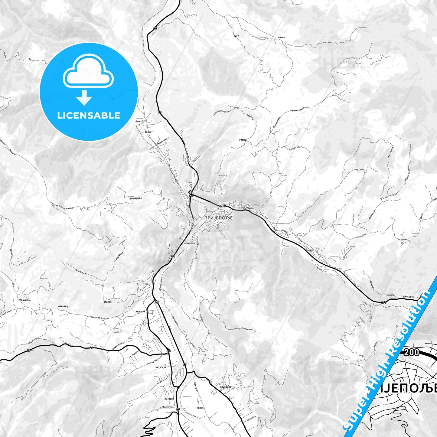 Prijepolje, Serbia Light Map with Street Names, City Names, and Districts