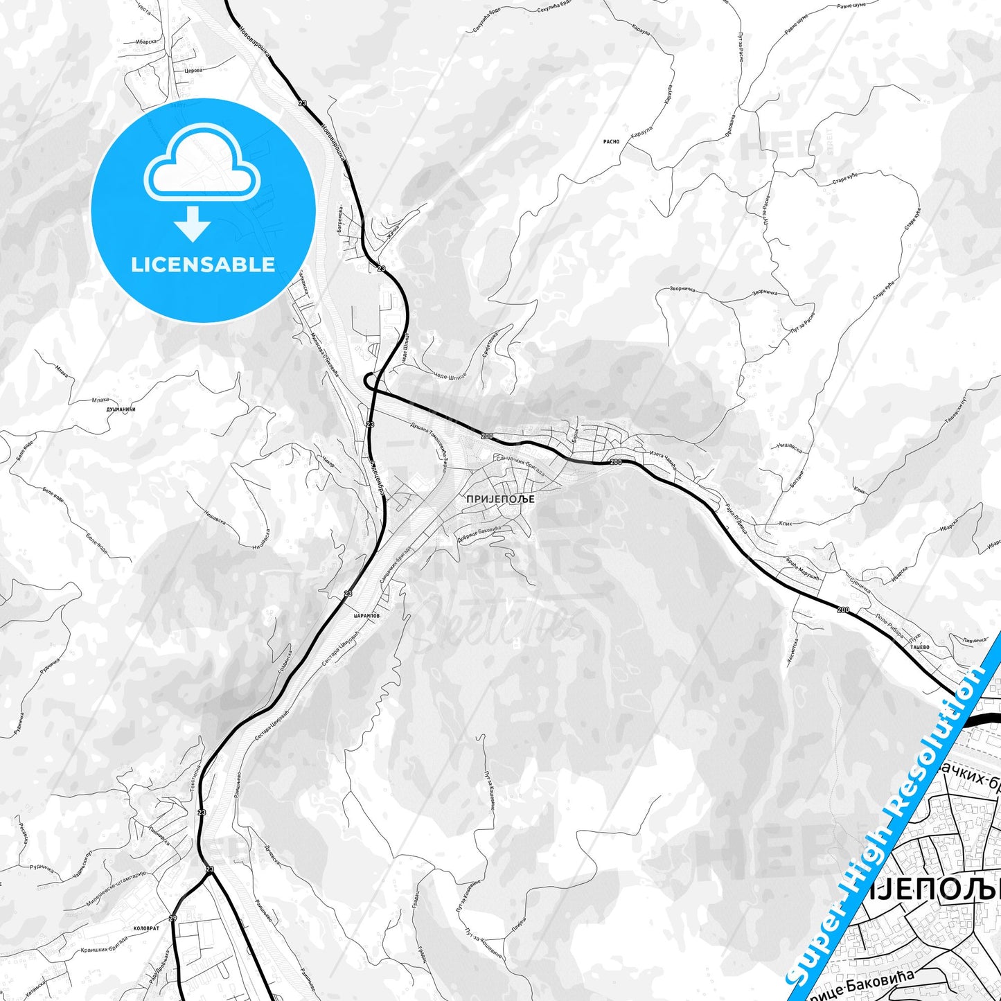 Prijepolje, Serbia Light Map with Street Names, City Names, and Districts