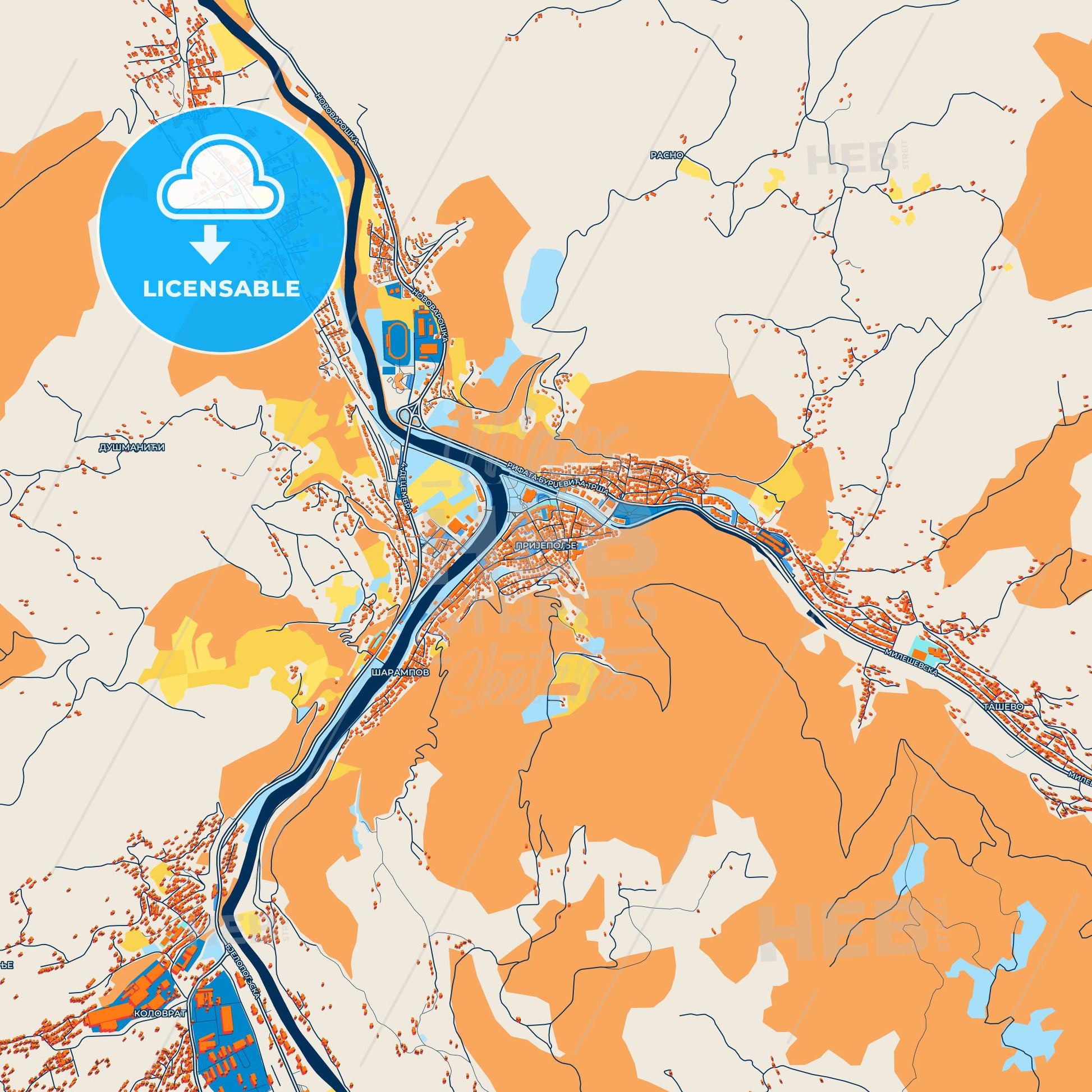 Colorful Prijepolje Street Map with Labels and Buildings