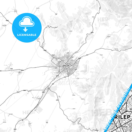 Prilep, North Macedonia light map with streetnames, citynames and districts