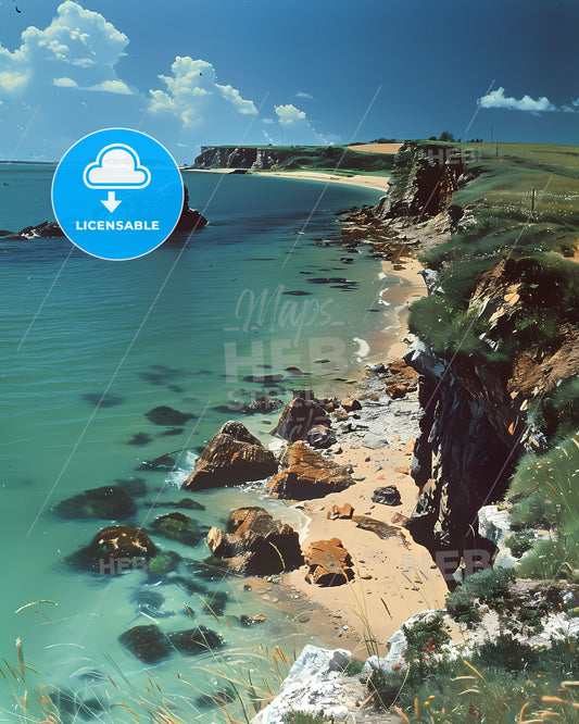 Vibrant Art of Rocky Prince Edward Island Beach with Water and Grass