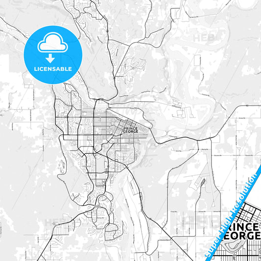 Prince George, Canada light map with streetnames, citynames and districts