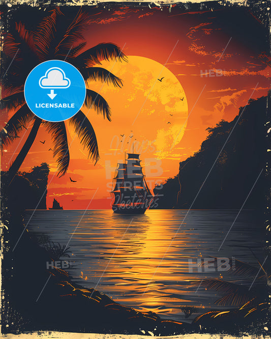 Printable vintage-looking sketch template label design depicting Mozambique's history, featuring a sailboat on the water, suitable for printing.