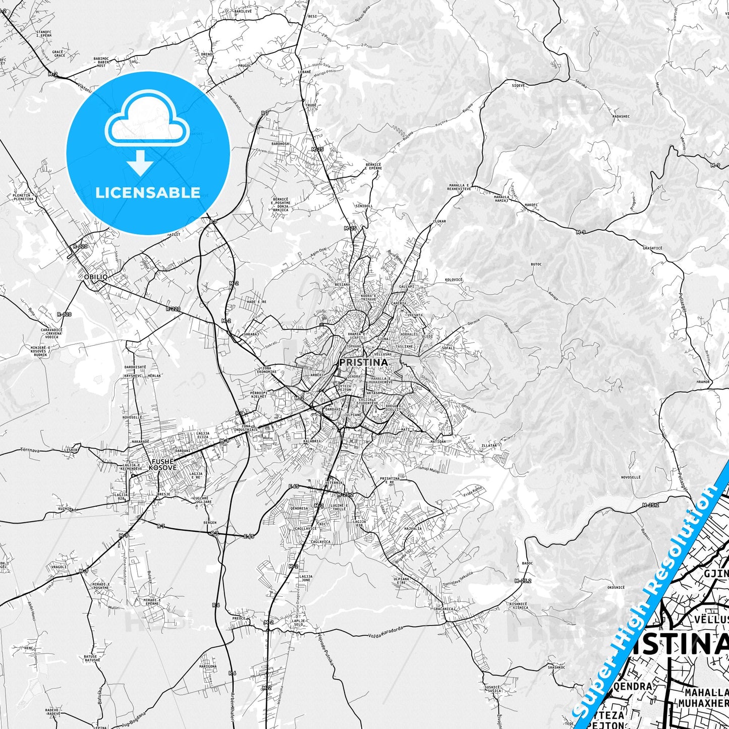 Prishtinë / Priština, Kosovo light map with streetnames, citynames and districts