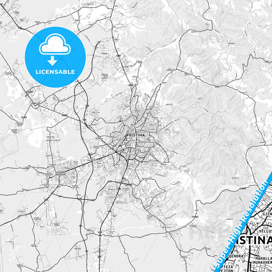 Prishtinë / Priština, Kosovo light map with streetnames, citynames and districts