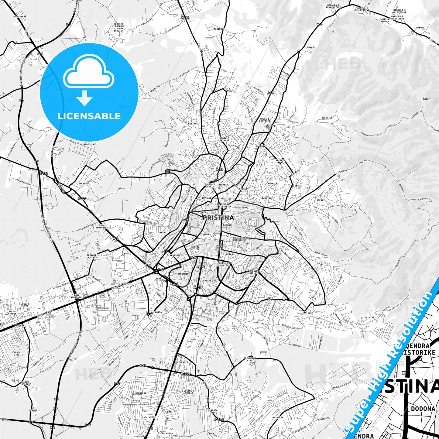 Prishtinë / Priština, Kosovo Light Map with Street Names, City Names, and Districts