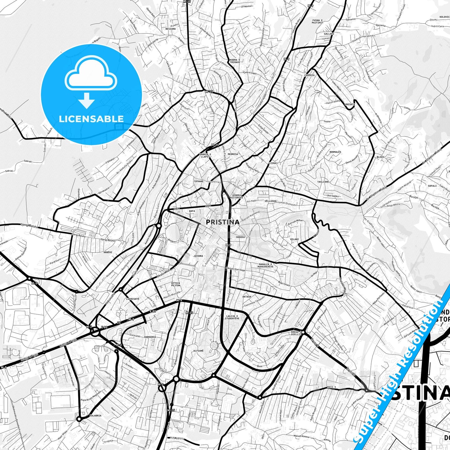 Prishtinë / Priština, Kosovo Light Map with Street Names, City Names, and Districts